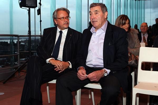 Philip Heylen, Antwerp vice mayor for culture and tourism, and the legendary Eddy Merckx were in attendance at the Omega Pharma-Quick Step Cycling Team press conference.