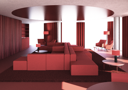 Bureau at Design District featuring a red sofa