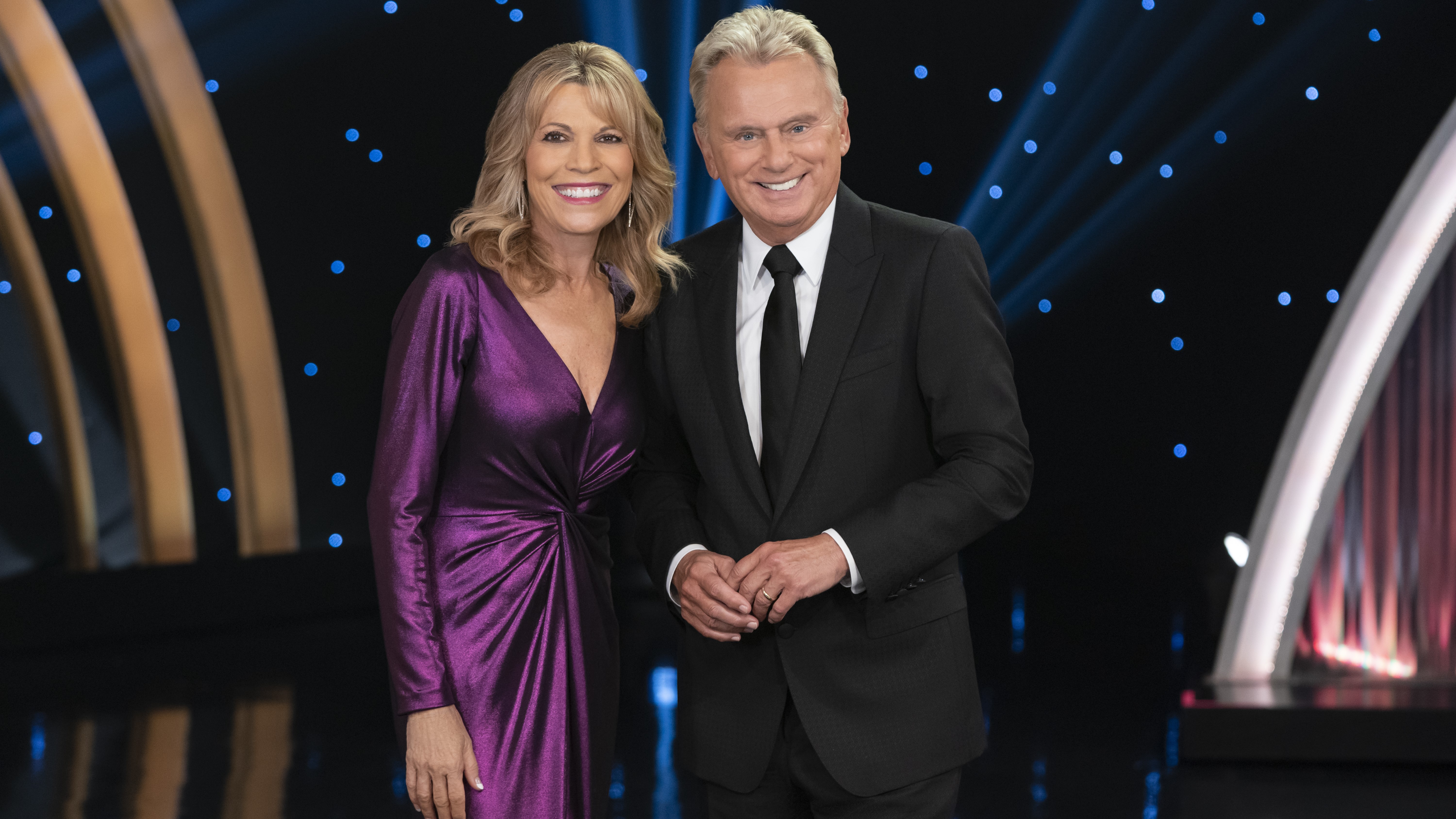 Vanna White and Pat Sajak are all smiles on Celebrity Wheel of Fortune