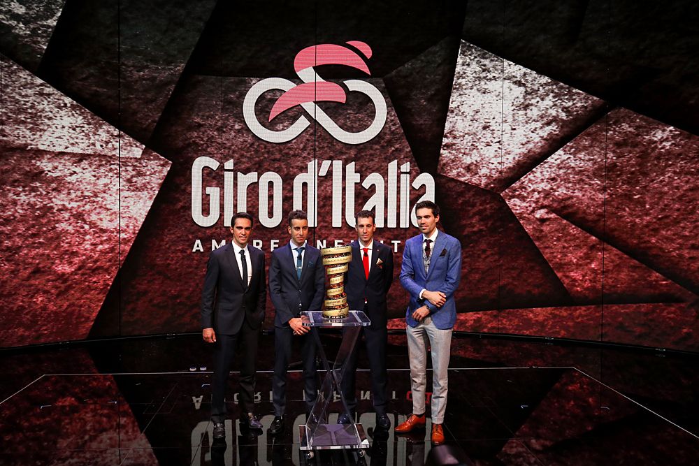 Contador, Dumoulin, Aru and Niabli on stage at the 2018 Giro d'Italia presentation