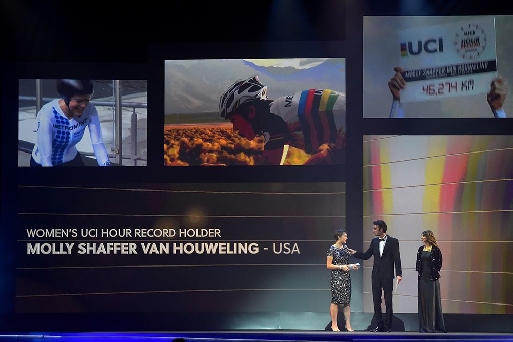 Molly Shaffer Van Houweling with her world hour record prize