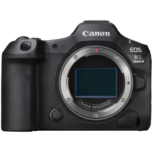 A Canon EOS R5 MKII camera, without a lens. 