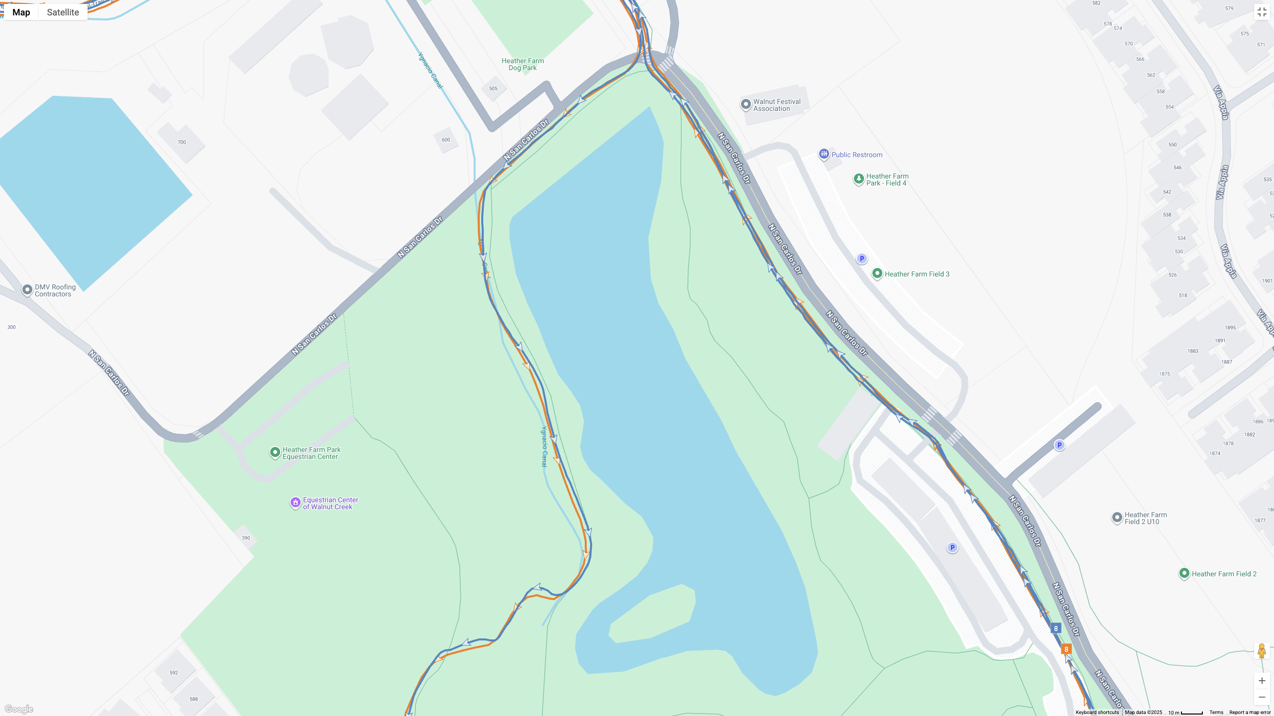 A Google Maps map view showing GPS location data for a workout, with the COROS APEX 4 (orange line) and Garmin Forerunner 970 (blue line) showing how their dual-band GPS tracking compares.