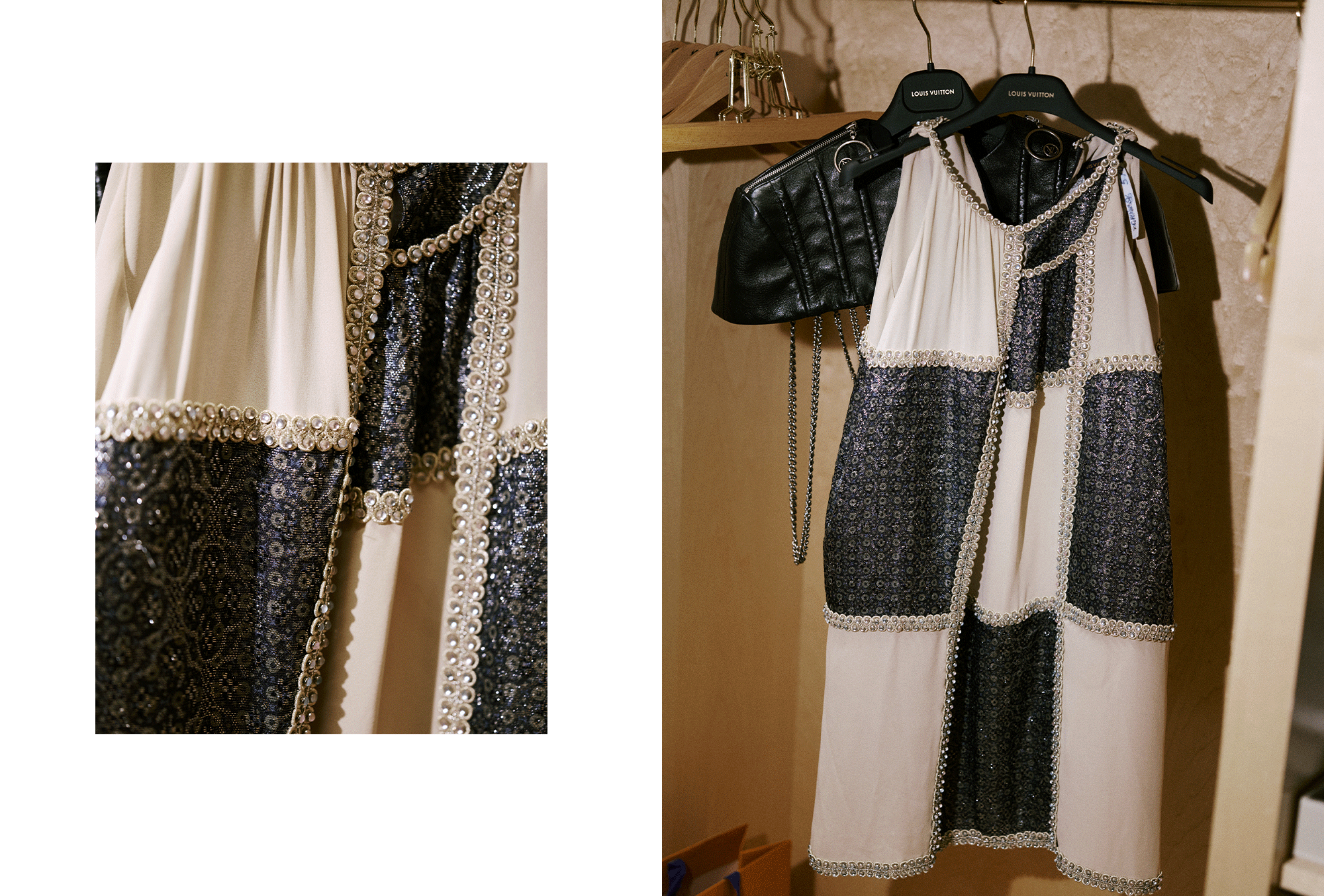 Moeka Hoshi Paris Fashion Week photo diary for the Louis Vuitton Spring 2026 show. On the left is a gif of two product images showing close-ups of Moeka's Louis Vuitton show look on the hanger. On the right is a static photo of Moeka's Louis Vuitton dress and bag hanging in the closet.