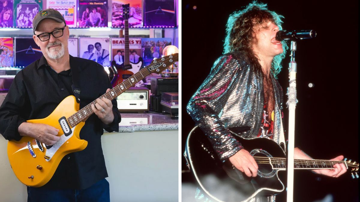 Left-Tim Pierce holding a guitar; Right- Bon Jovi Jon Bon Jovi live at Nakano Sun Plaza, Tokyo, April 20, 1985