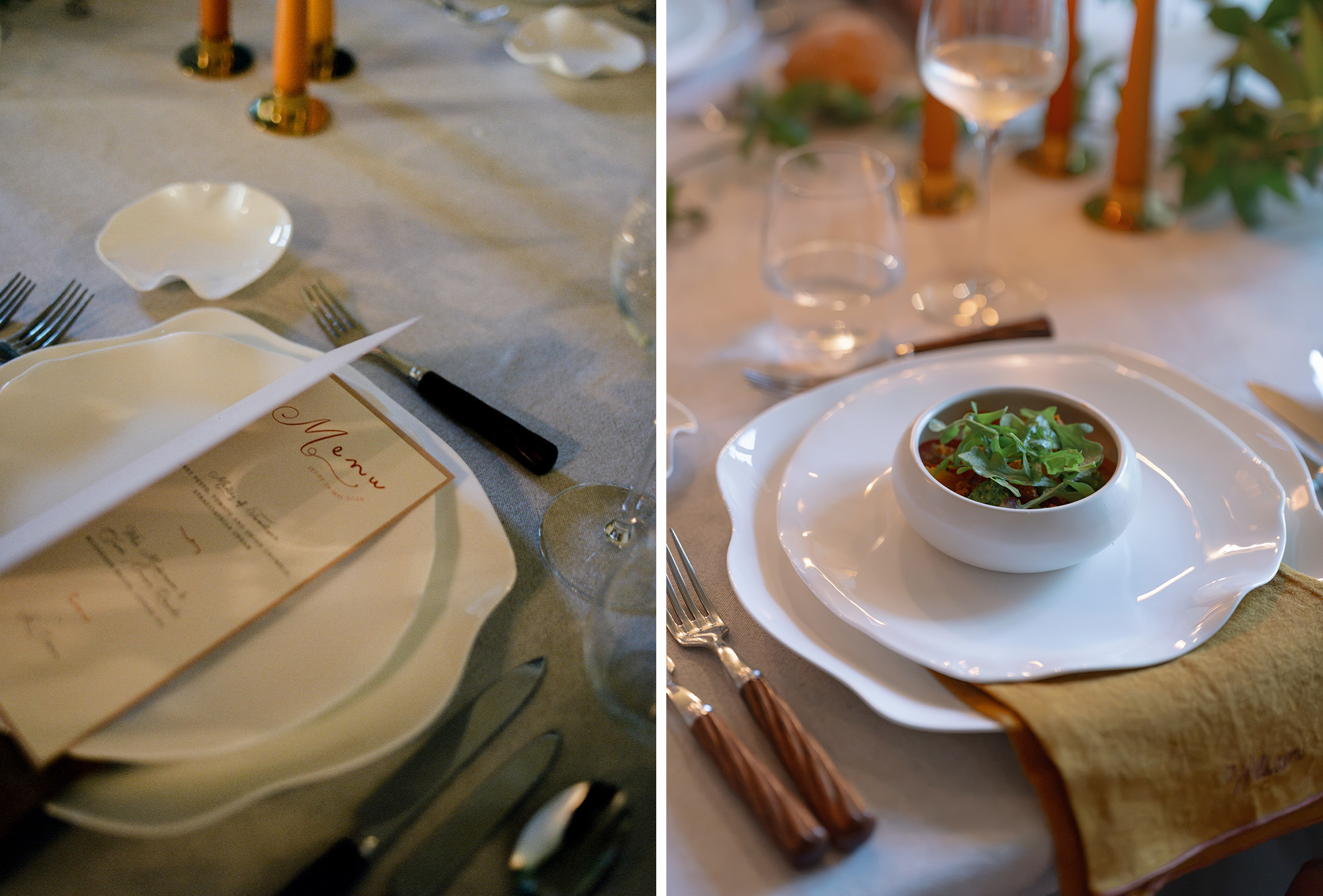 Collage of table decor at Abbie and Max's rehearsal dinner.