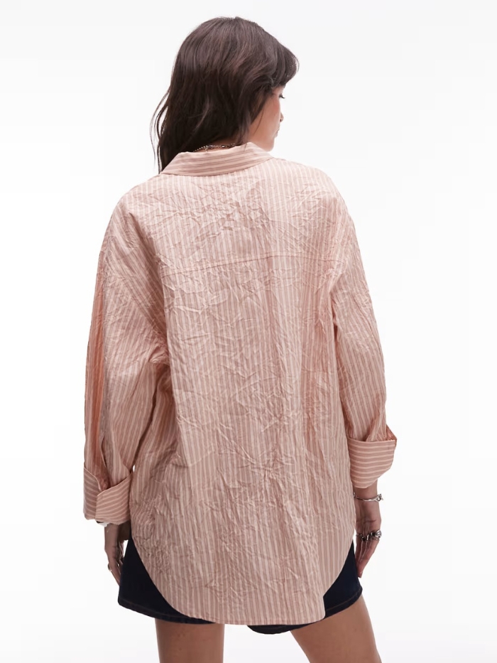 Topshop Crinkle Textured Shirt in Peach and Brown Stripe