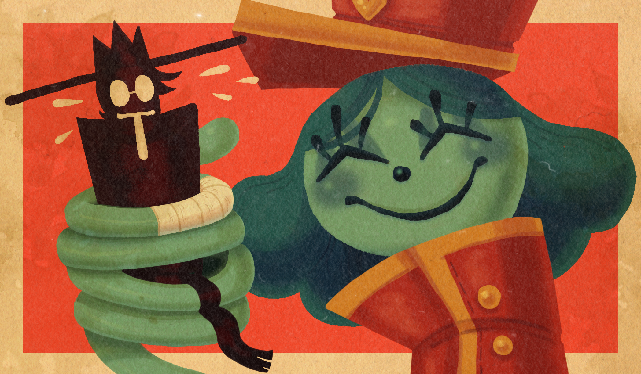 Great God Grove art of a character smiling while holding another smaller character in their fist