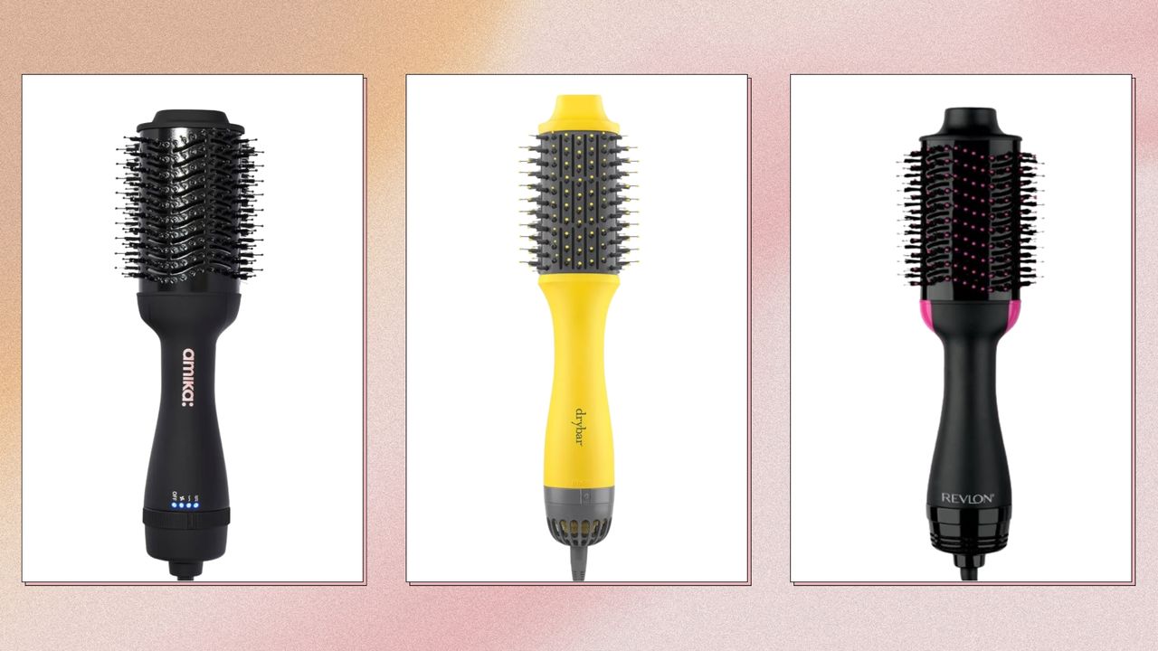 A selection of hairdryer brushes from Amika, Drybar and Revlon for a feature on how to clean hairdryer brushes/ in a pink and yellow gradient and textured template