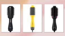 A selection of hairdryer brushes from Amika, Drybar and Revlon for a feature on how to clean hairdryer brushes/ in a pink and yellow gradient and textured template