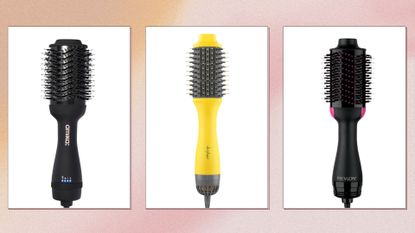 A selection of hairdryer brushes from Amika, Drybar and Revlon for a feature on how to clean hairdryer brushes/ in a pink and yellow gradient and textured template