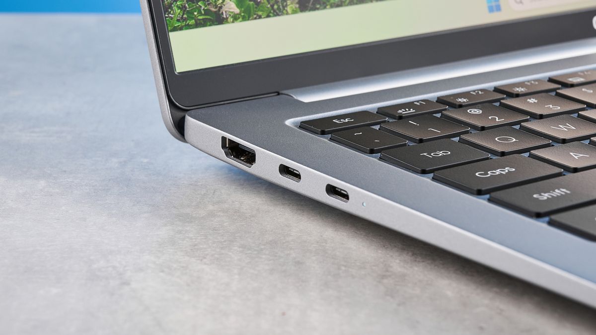 A silver Geekom GeekBook X14 Pro Windows laptop