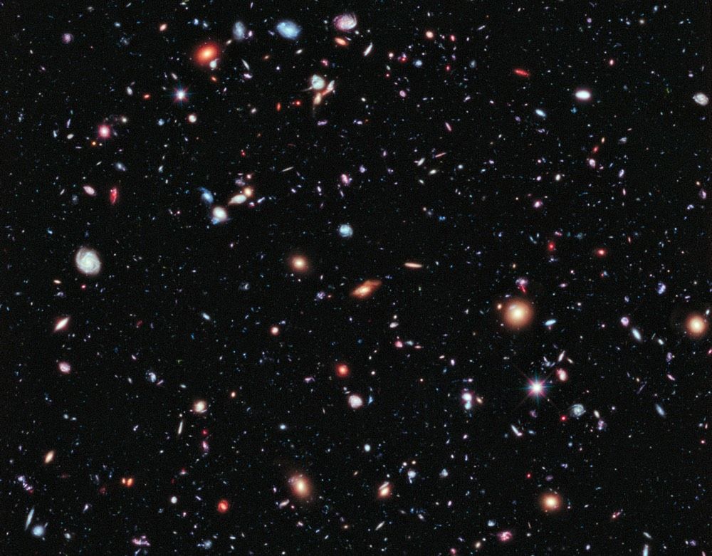 (This image is a compilation of 10 years of snapshots by the Hubble Space Telescope, showing one small patch of space in the constellation Fornax.)