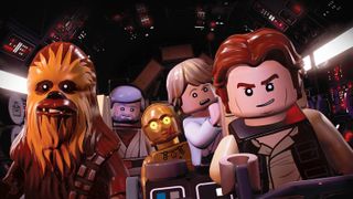 Han Solo, Luke, Chewie, C-3P0, and Kenobi in Falcon