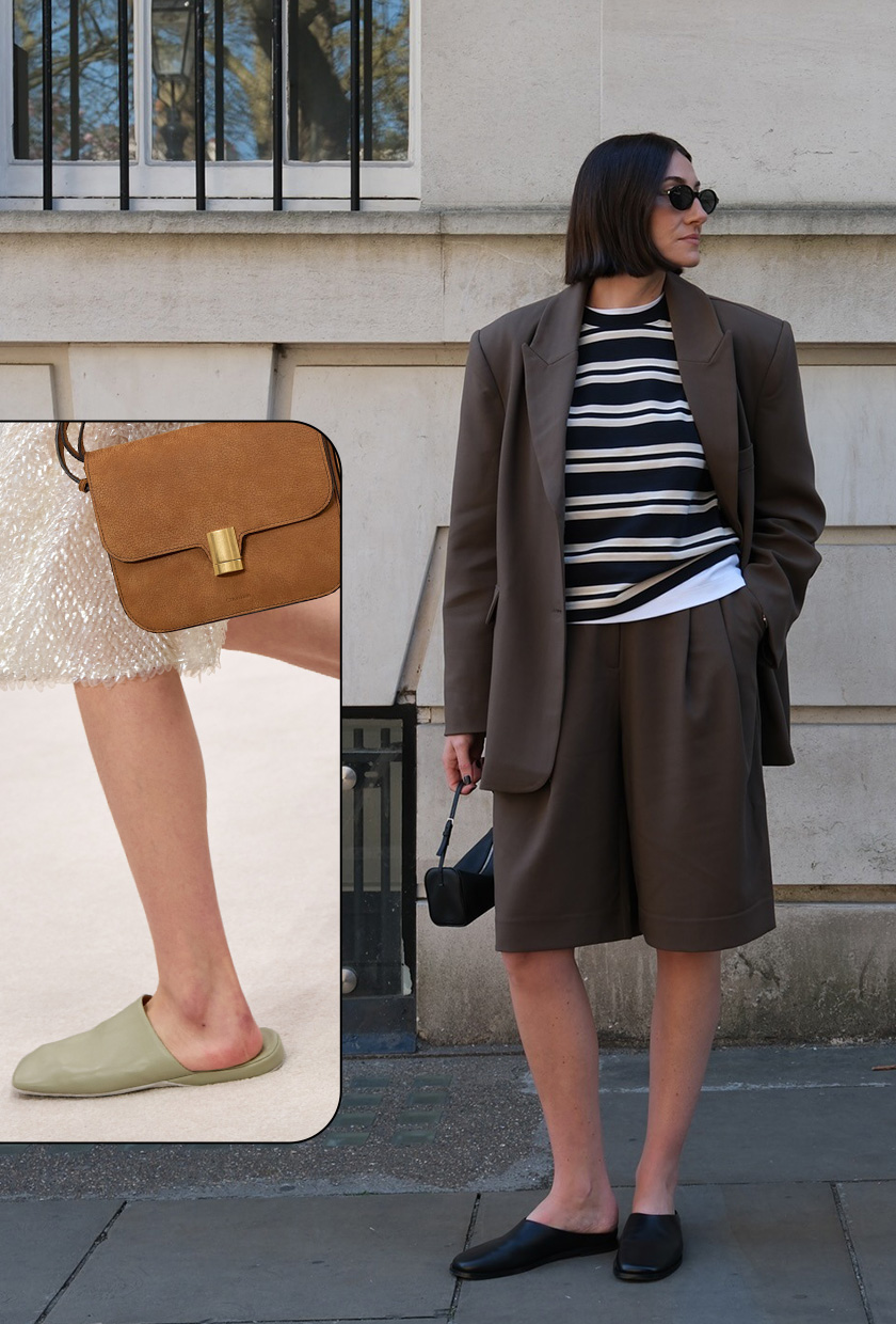 Shoe trends to wear with leggings, jeans, and skirts are shown in a collage of runway and street style images. On the left, a close-up photo from Calvin Klein's fall 2025 runway show depicts a model wearing a silver sequin skirt, a brown suede flap bag, and sage green slippers. On the right, a woman is standing outside on the sidewalk in front of a building, wearing black oval sunglasses, a brown boxy blazer layered over a white t-shirt that's underneath a navy and white striped sweater that's styled with brown baggy pleated shorts, a black bowler bag, and black leather slippers