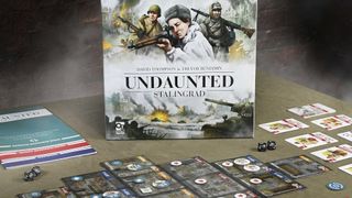 Undaunted: Stalingrad box, board, and tokens on a table