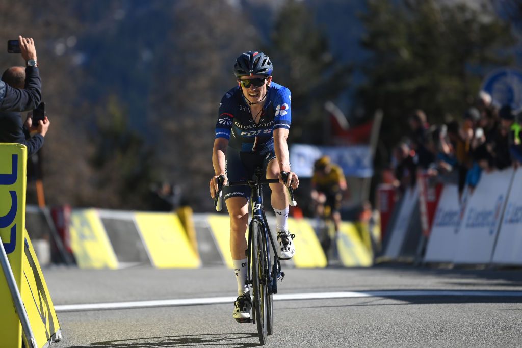 COL DE LA COUILLOLE FRANCE MARCH 11 David Gaudu of France and Team Groupama FDJ crosses the finish line during the 81st Paris Nice 2023 Stage 7 a 1429km stage from Nice to La Col de la Couillole 1676m UCIWT ParisNice on March 11 2023 in La Col de la Couillole France Photo by Alex BroadwayGetty Images