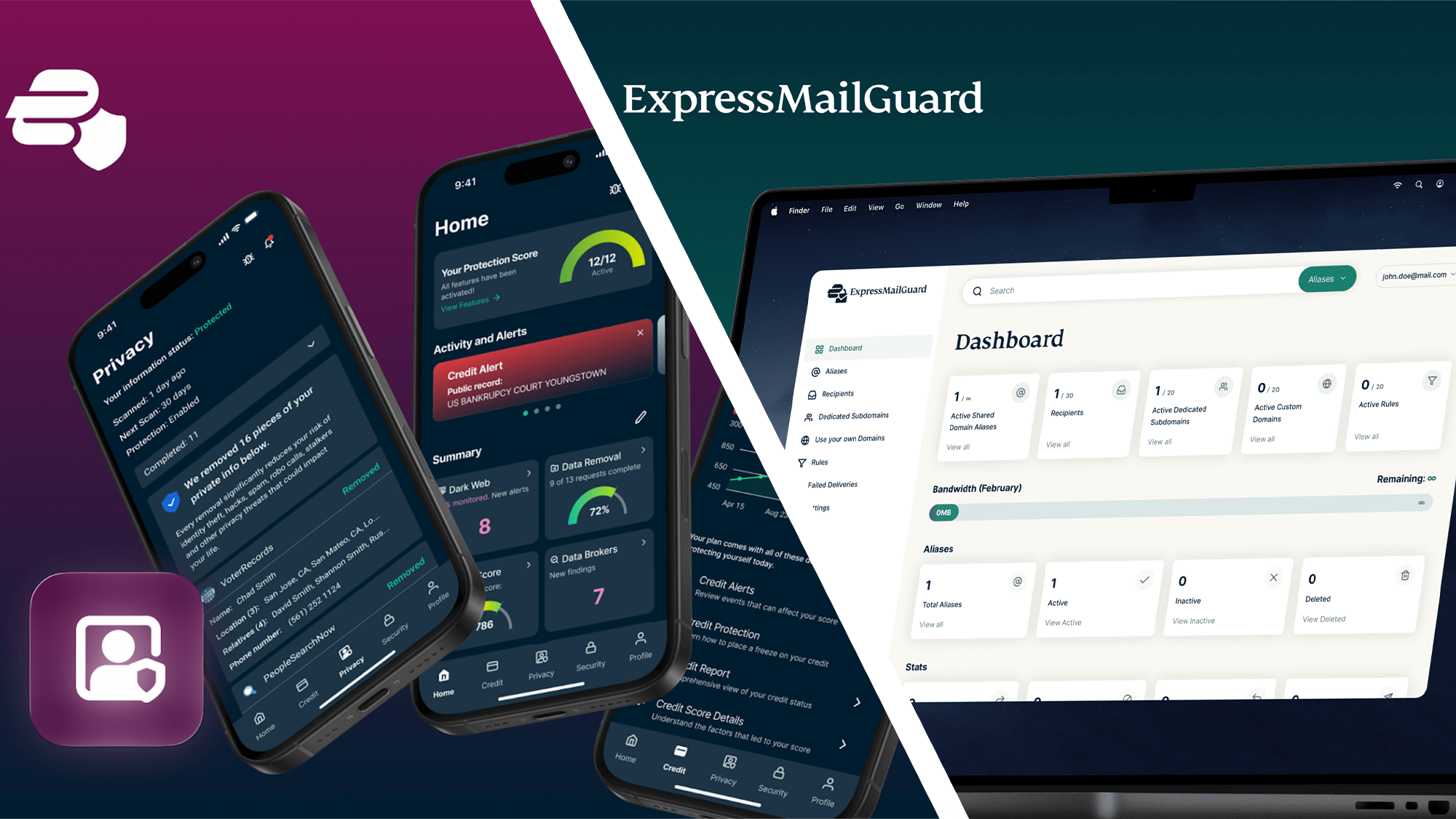ExpressVPN promo images: Identity Defender app on the left, ExpressMailGuard on the right