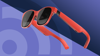 The Xreal Air 2 glasses on a violet background featuring the TechRadar logo