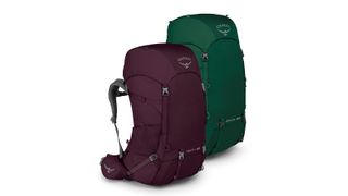 Osprey Rook and Renn backpacking rucksacks: the 65L versions are shown in green and in burgundy