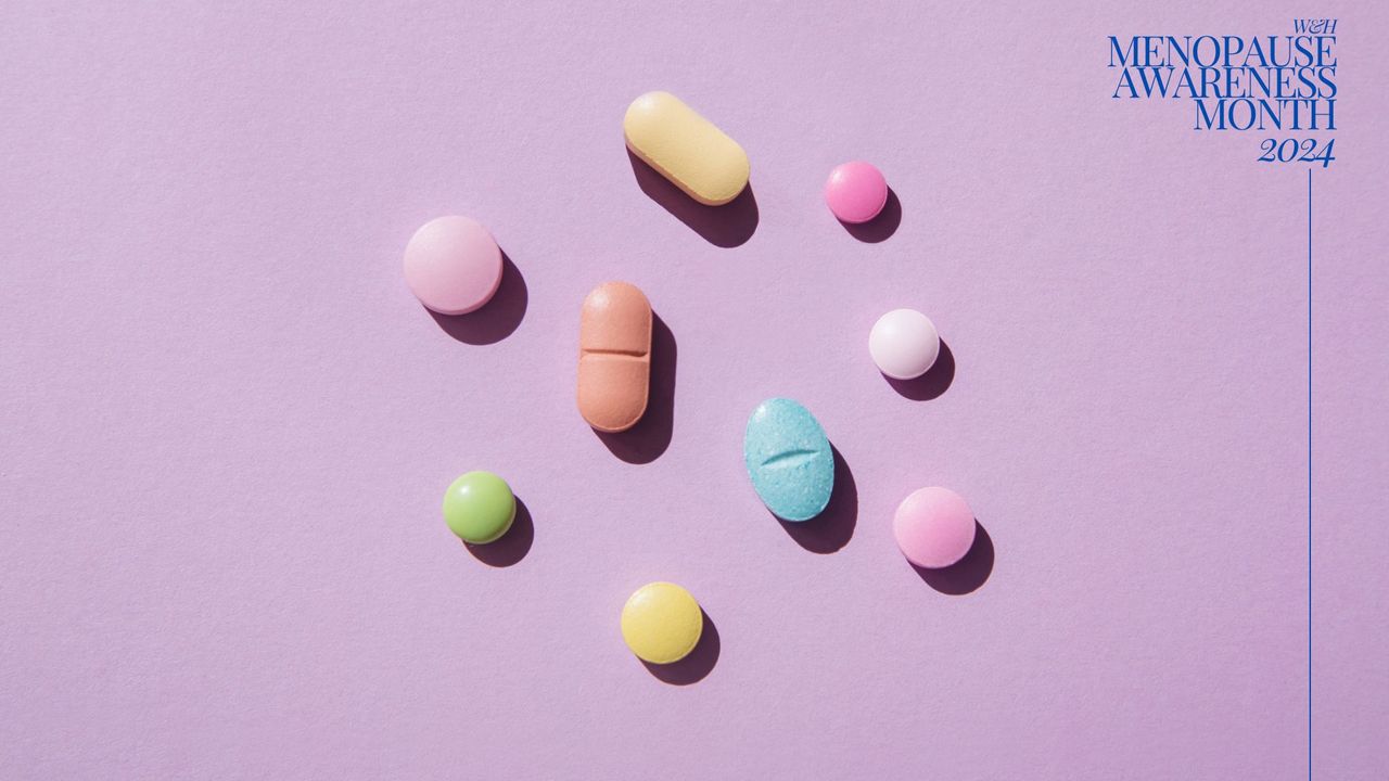 Selection of pills sitting on colourful background, representing some of the alternatives to HRT on offer