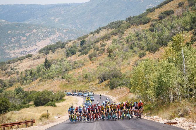 The peloton hits the steep road to Wolf Creek on stage 6 of the Tour of Utah