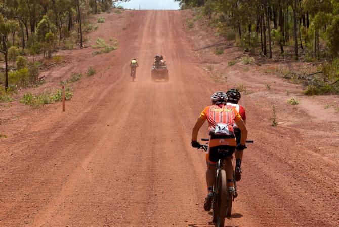 The deciding moment of stage 8 at the Crocodile Trophy &ndash; Benetseder attacks with Frendo and Wallace dropping back.