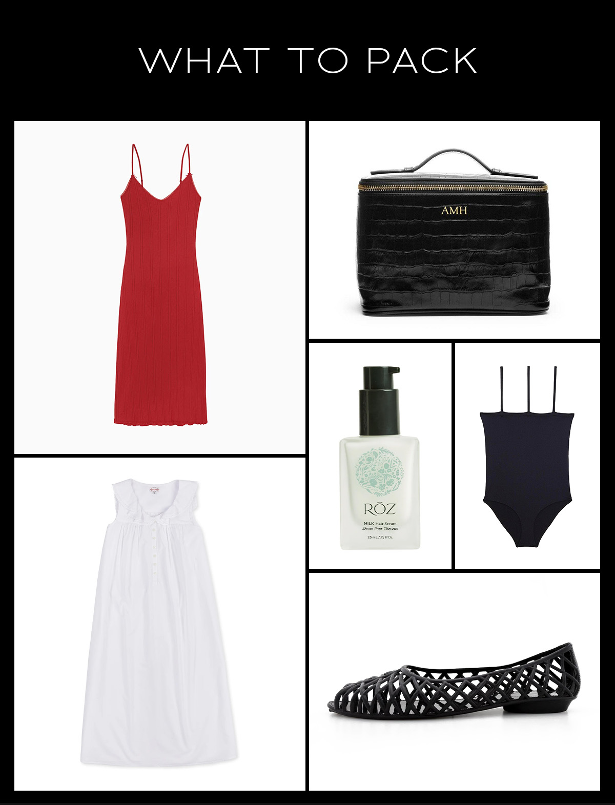 Collage of a Cou Cou slip dress, Lanz of Salzburg nightgown, Leatherology cosmetics bag, R&amp;#333;z hair serum, Baserange swimsuit, and Los Angeles Apparel flats.