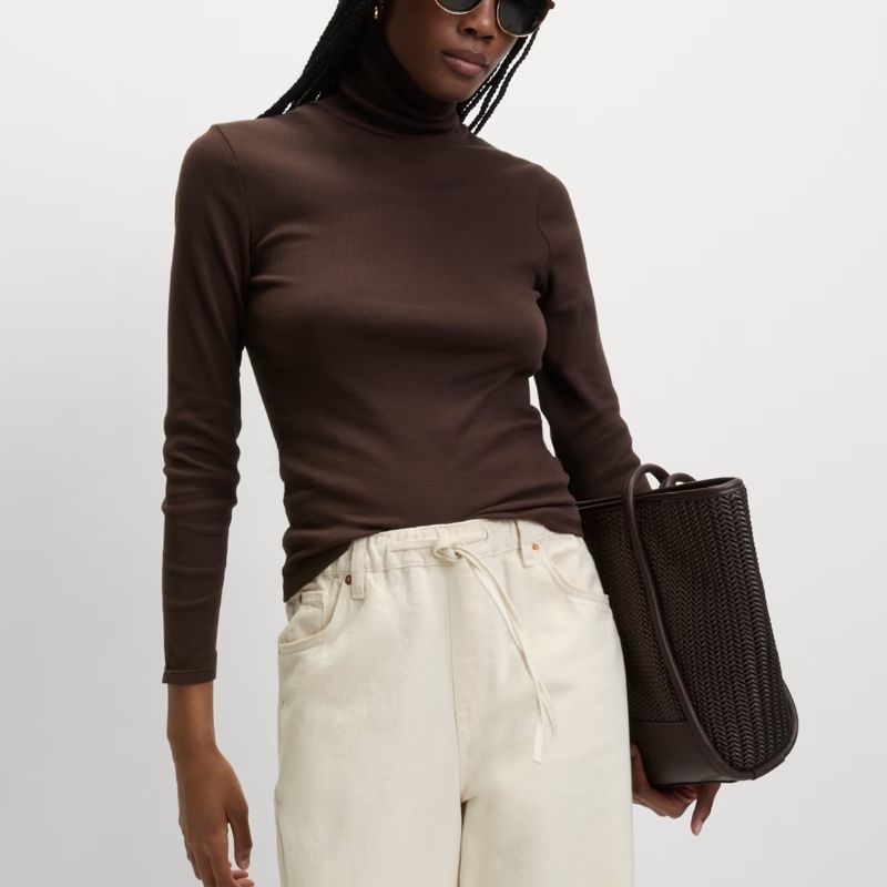 Cotton Rich Ribbed Funnel Neck Top on model 