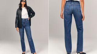 Model wearing Abercrombie Ultra High Rise Straight Jean to illustrate the best jeans for women over 50