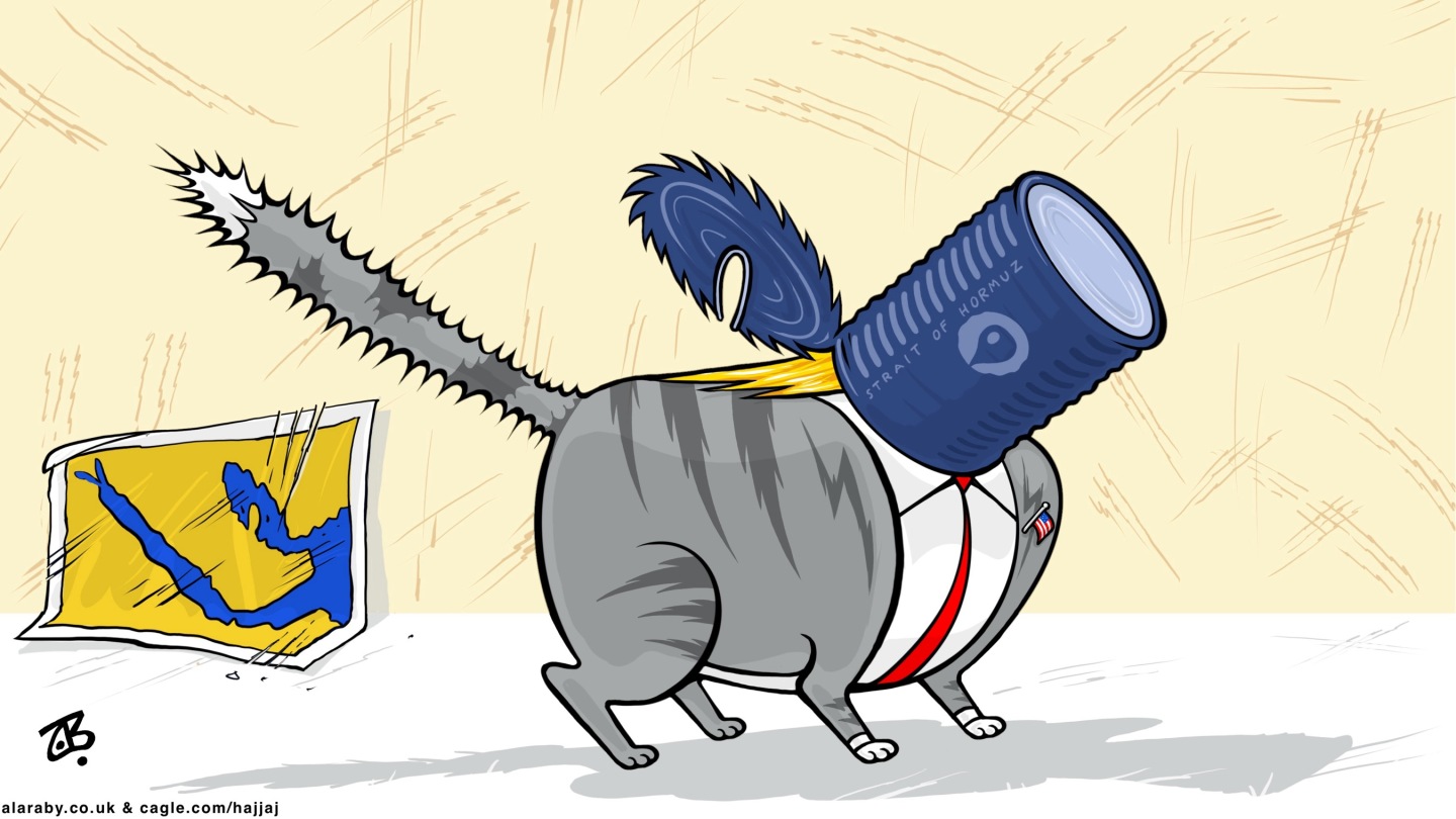 This cartoon depicts Donald Trump as a terrified cat with his head stuck in an aluminum can labeled &amp;ldquo;Strait of Hormuz&amp;rdquo;.