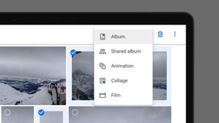 A laptop screen showing an album creation menu in Google Photos