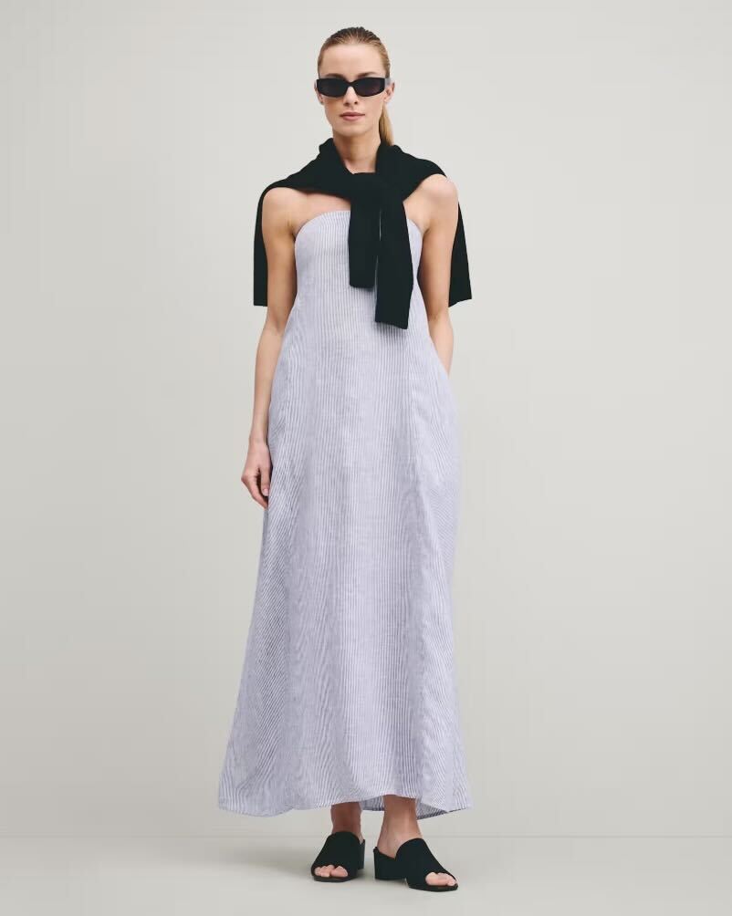 100% European Linen Strapless Maxi Dress in Blue Pinstripe