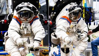 two views of a white spacesuit in a lab. the subject in the spacesuit is holding items in his hands during testing