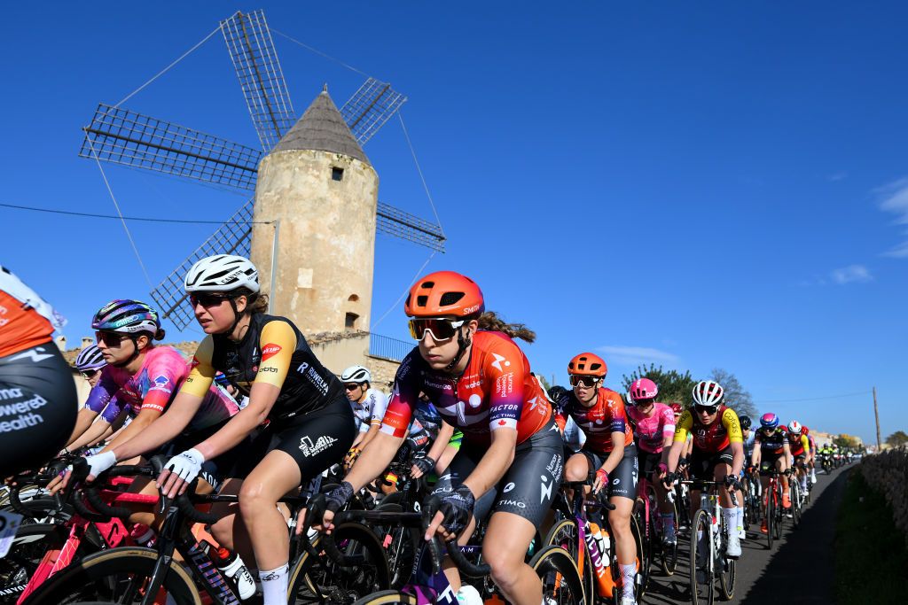 BINISSALEM SPAIN JANUARY 27 A general view of Maggie ColesLyster of Canada and Team Human Powered Health and the peloton competing during the 2nd Challenge Femenino Ciclista Mallorca 2025 Trofeo Binissalem Puerto de Andratx a 1075km One day race from Binissalem to Port dAndratx 168m on January 27 2025 in Binissalem Spain Photo by Tim de WaeleGetty Images