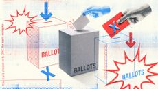 Illustration of ballot boxes, hands holding voting ballots and graphic explosions