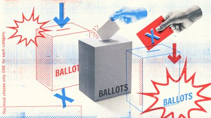 Illustration of ballot boxes, hands holding voting ballots and graphic explosions