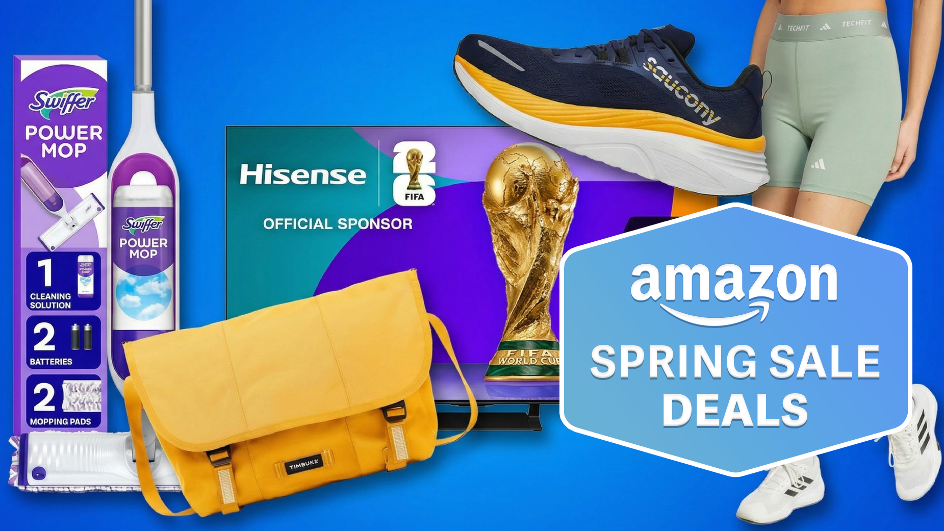 Compilation showing Swiffer mop, Timbuk2 bag, Hisense TV, Saucony running shoe, Adidas shorts