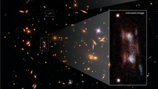 The images can be seen here as two, closely-mirrored galaxies in the center of the picture, and a third image higher up.