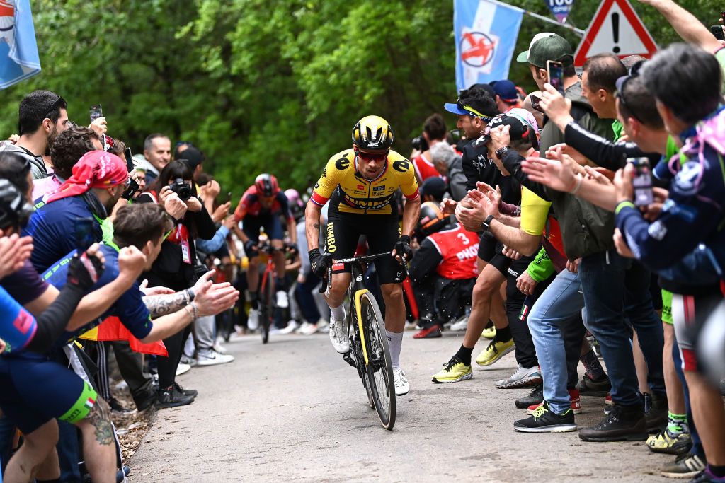 FOSSOMBRONE ITALY MAY 13 Primo Rogli of Slovenia and Team JumboVisma competes during the 106th Giro dItalia 2023 Stage 8 a 207km stage from Terni to Fossombrone UCIWT on May 13 2023 in Fossombrone Italy Photo by Tim de WaeleGetty Images