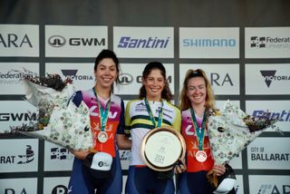 Ruby Roseman-Gannon (Liv-AlUla-Jayco) claims her second elite women's criterium title at the Australian Road National Championships, with teammates Georgia Baker and Alex Manly completing the podium