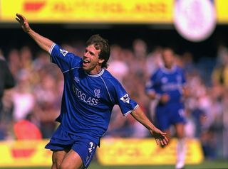 Best Chelsea retro shirts and classic football shirts 2022: Gianfranco Zola of Chelsea celebrates scoring during the FA Carling Premiership match against West Ham at Stamford Bridge, in London. Chelsea won the match 4-2. 