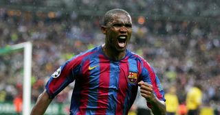 Samuel Eto'o of Barcelona celebrates scoring the equalising goal during the UEFA Champions League Final between Arsenal and Barcelona at the Stade de France on May 17, 2006 in Paris, France.