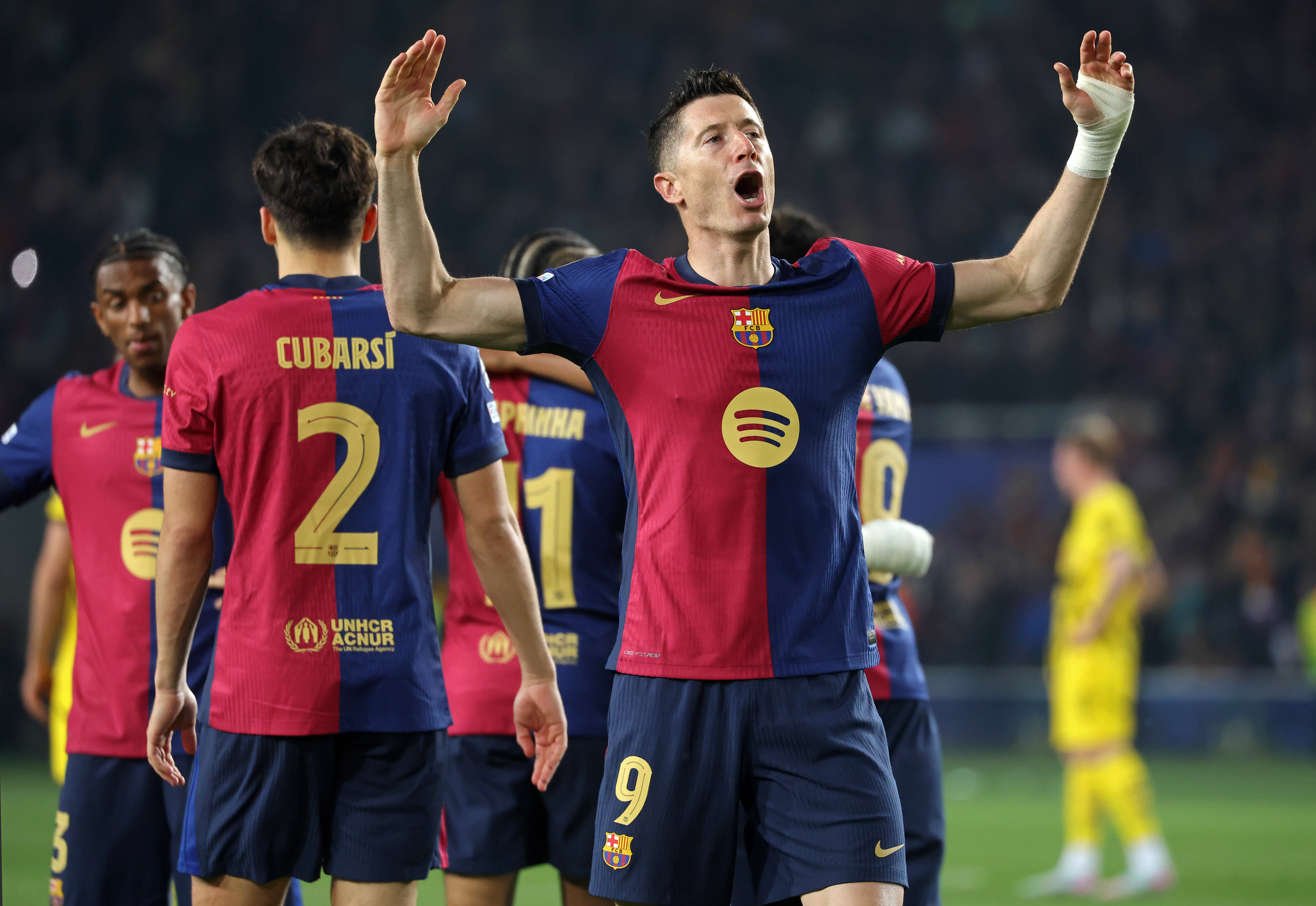 Robert Lewandowski celebrates a goal for Barcelona against Borussia Dortmund in the Champions League in April 2025.