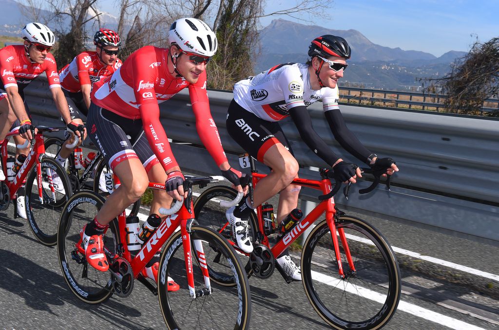 Trek-Segafredo's Marco Haller chats with Stefan Kung (BMC)