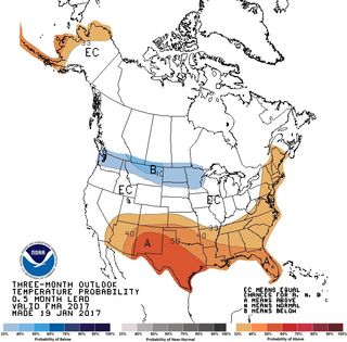The weather outlook for February, March and April. The blue areas indicate regions that may get colder than usual weather, and the orange regions suggest warmer than typical temperatures.