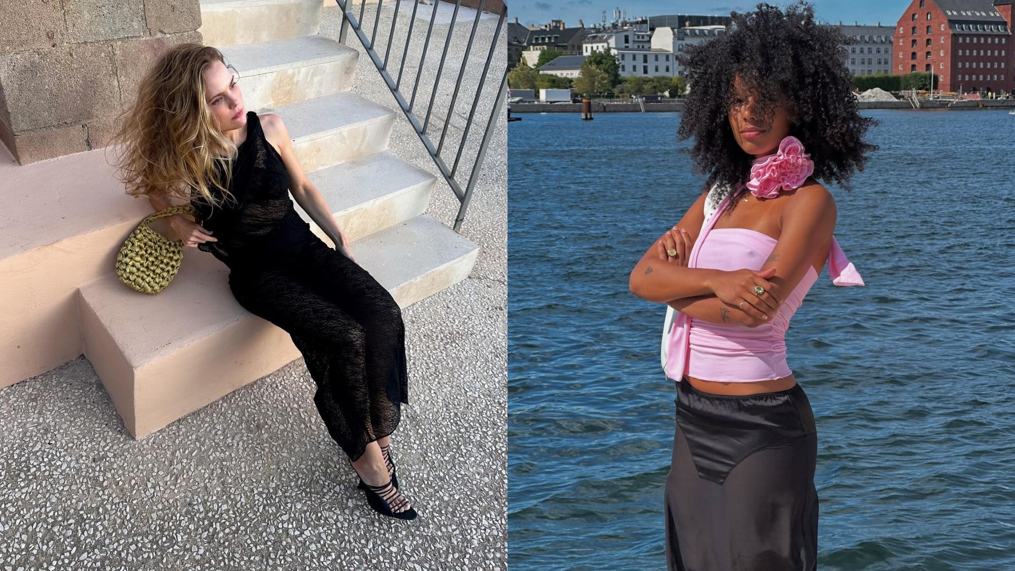 Split images of a woman with blonde hair posing at the base of a staircase and a woman with a curly, long afro posing in front of the water.