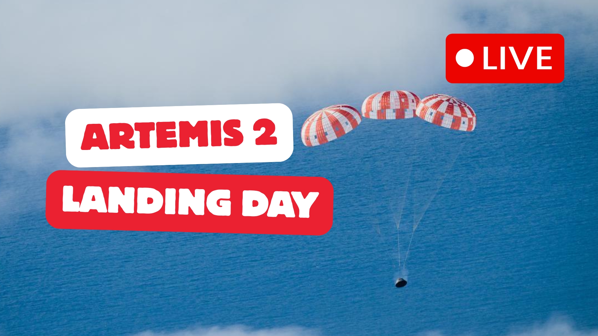 image of orion capsule landing there is big text saying artemis 2 landing day and live to convey the live nature of the blog.