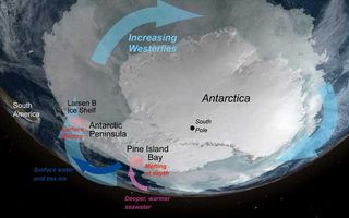 West Antarctica is seeing dramatic ice loss particularly the Antarctic Peninsula and Pine Island regions. Ice loss culprits include the loss off buttressing ice shelves, wind, and a sub-shelf channel that allows warm water to intrude below the ice.