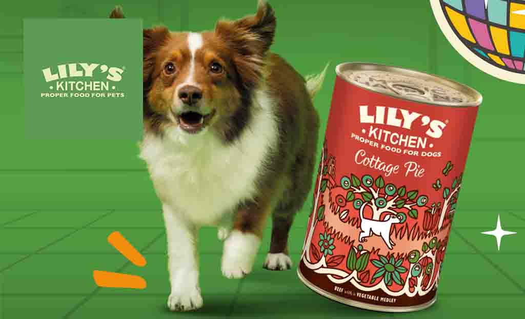 Lilys Kitchen logo top left with a dog running happily with a tin on pet friendly cottage pie next to it